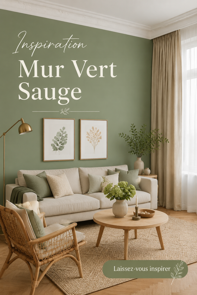 Mur peint en vert sauge, créant une ambiance apaisante dans un salon.
