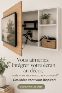Un salon moderne avec un écran subtilement intégré dans la décoration.