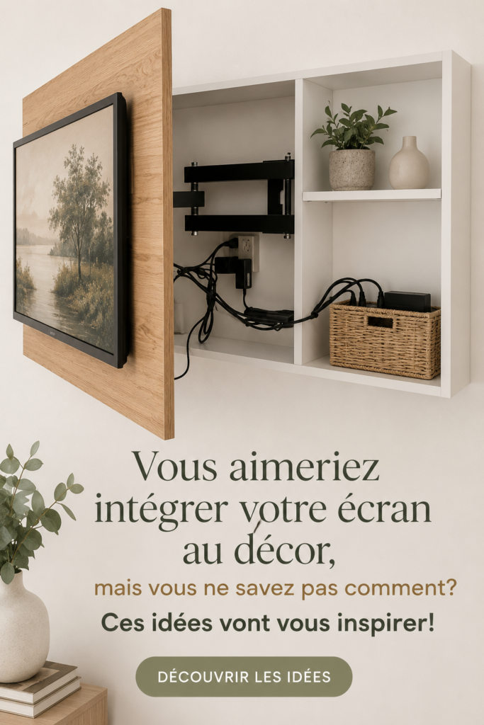 Un salon moderne avec un écran subtilement intégré dans la décoration.