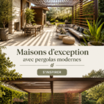 Maison moderne avec une pergola stylée en bois, offrant un bel espace extérieur.