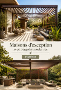 Maison moderne avec une pergola stylée en bois, offrant un bel espace extérieur.