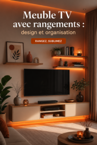 Un meuble TV moderne avec des rangements pratiques dans un salon bien décoré.