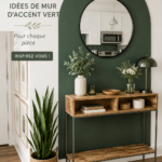 Mur d'accent vert dans un salon moderne avec des meubles en bois