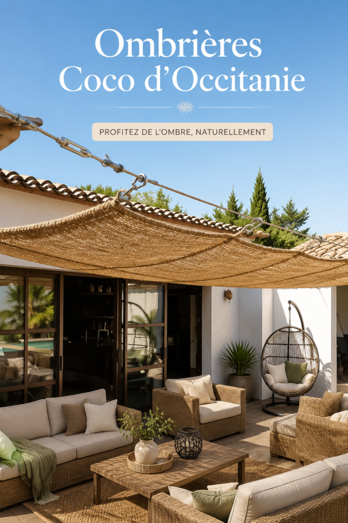 Ombrières en fibre de coco installées dans un jardin méditerranéen