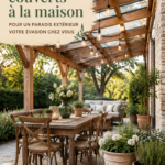 Un espace extérieur avec un patio couvert au milieu d'un jardin verdoyant