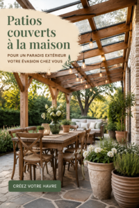 Un espace extérieur avec un patio couvert au milieu d'un jardin verdoyant