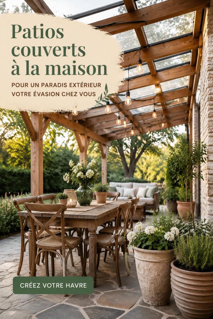 Un espace extérieur avec un patio couvert au milieu d'un jardin verdoyant