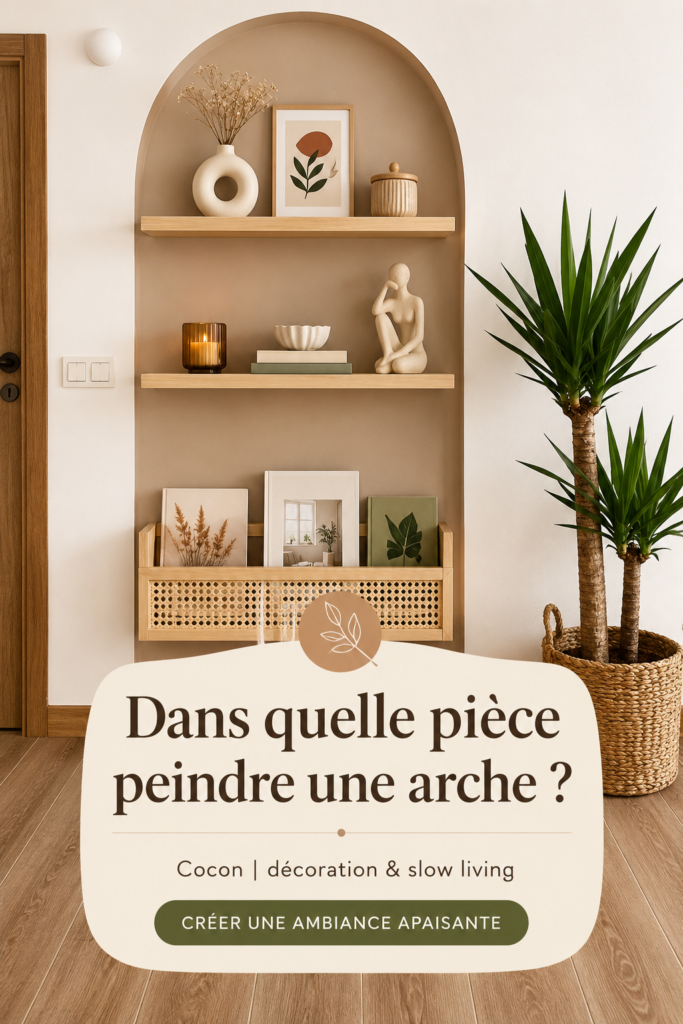 Une arche magnifiquement peinte dans un salon cosy avec des couleurs douces.