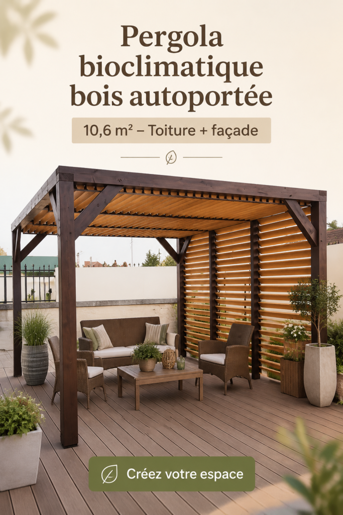 Pergola bioclimatique en bois dans un jardin verdoyant, laissant filtrer la lumière