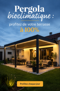 Pergola bioclimatique équipée sur une terrasse ensoleillée, permettant de profiter de l'extérieur.