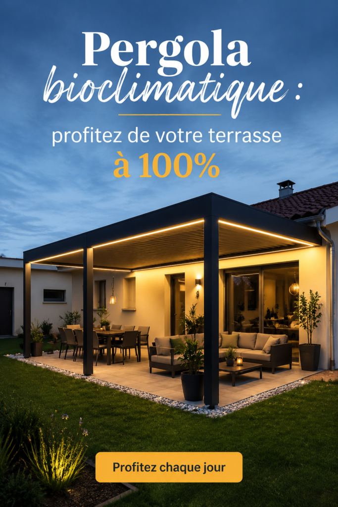 Pergola bioclimatique équipée sur une terrasse ensoleillée, permettant de profiter de l'extérieur.