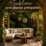 Une pergola en bois avec des plantes grimpantes créant un espace extérieur accueillant.