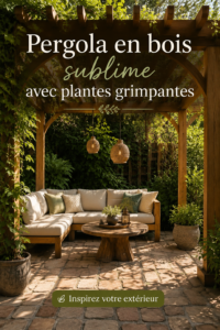 Une pergola en bois avec des plantes grimpantes créant un espace extérieur accueillant.