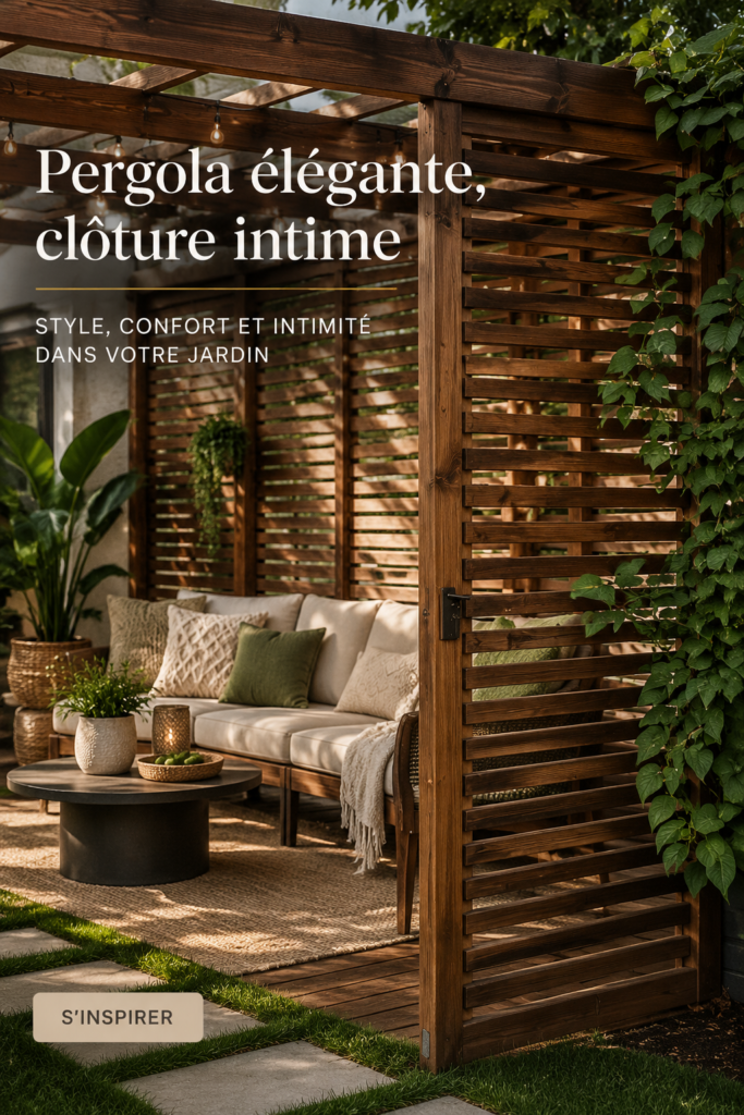 Un jardin avec une pergola stylée et une clôture en bois, créant un espace intime.