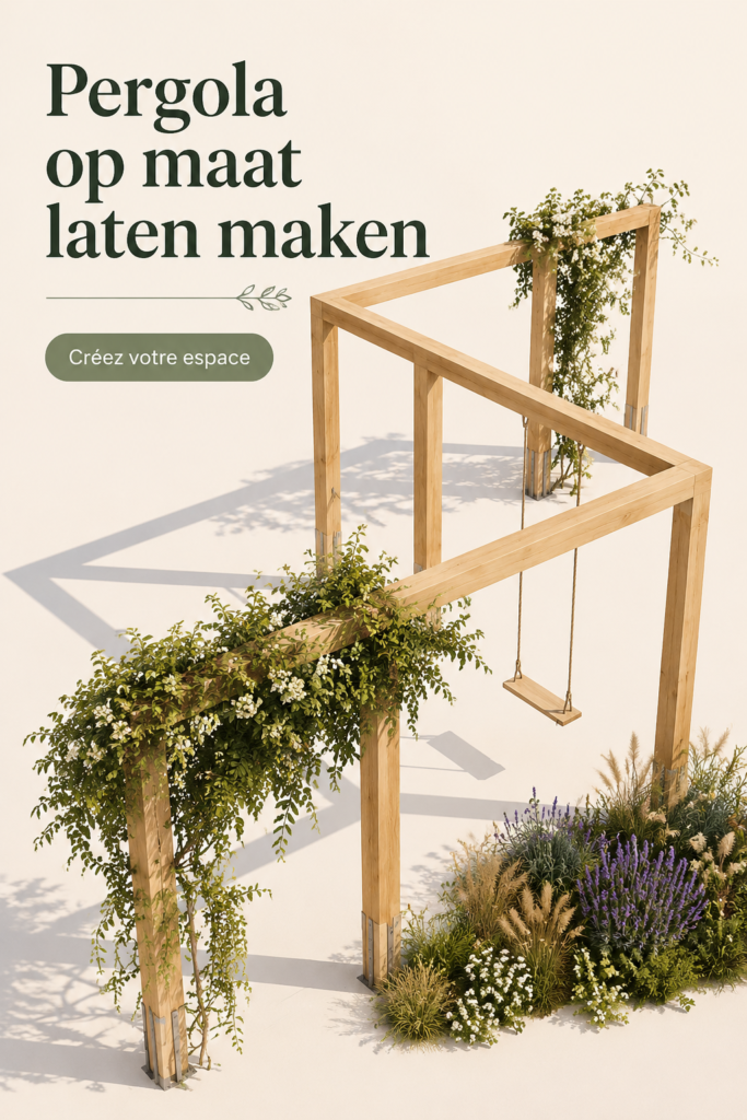 Une pergola sur mesure en bois dans un jardin fleurissant, accueillante et chaleureuse.