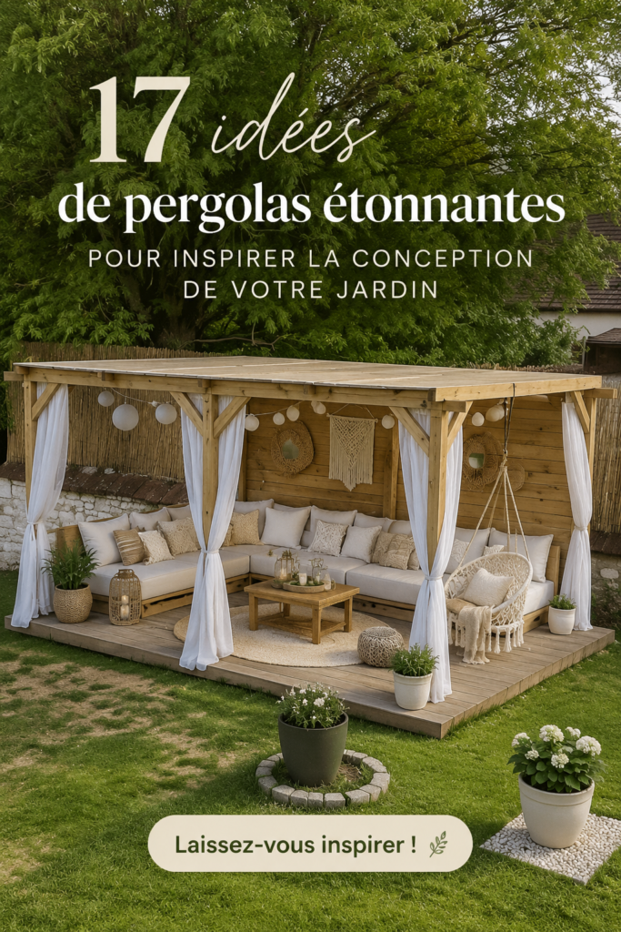 Une belle pergola en bois dans un jardin verdoyant.
