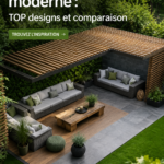 Pergola moderne en bois sur terrasse ensoleillée, décorée de plantes vertes