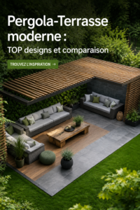Pergola moderne en bois sur terrasse ensoleillée, décorée de plantes vertes