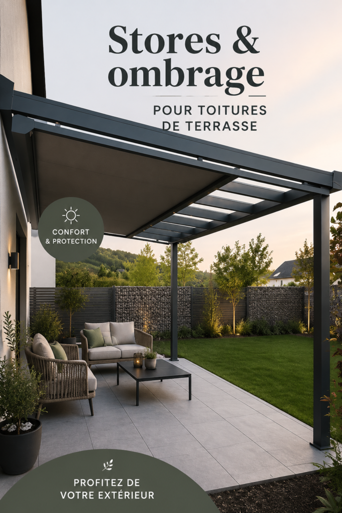 Terrasse ombragée avec des voiles d'ombrage et des plantes verdoyantes, créant un espace détente