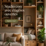 Un studio cosy avec des étagères ouvertes et des touches de décoration chaleureuse
