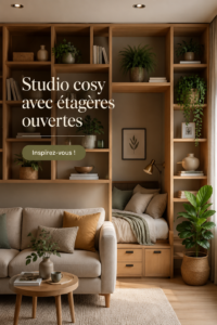 Un studio cosy avec des étagères ouvertes et des touches de décoration chaleureuse
