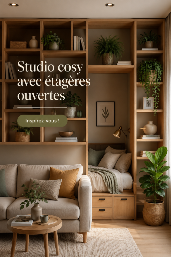 Un studio cosy avec des étagères ouvertes et des touches de décoration chaleureuse