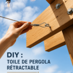 Une superbe pergola avec toile rétractable au-dessus d'une terrasse en bois.