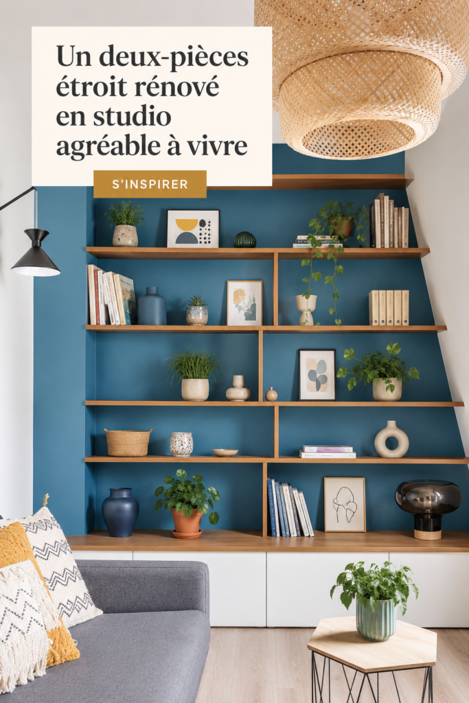 Studio rénové avec une décoration chaleureuse et moderne, optimisant l'espace.
