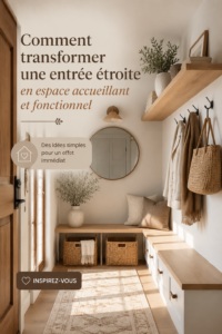 Entrée chaleureuse et décorée avec goût, optimisée pour le rangement.