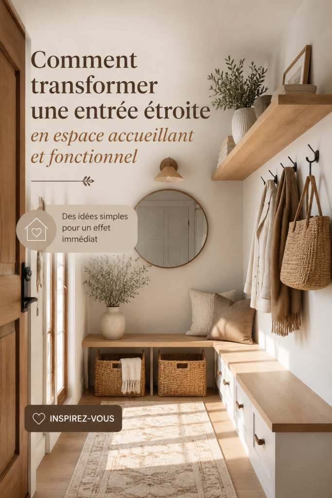 Entrée chaleureuse et décorée avec goût, optimisée pour le rangement.