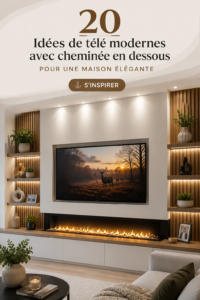 Une télévision moderne avec cheminée intégrée dans un salon chic et chaleureux.