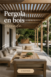 Véranda en bois moderne avec des plantes et des meubles confortables