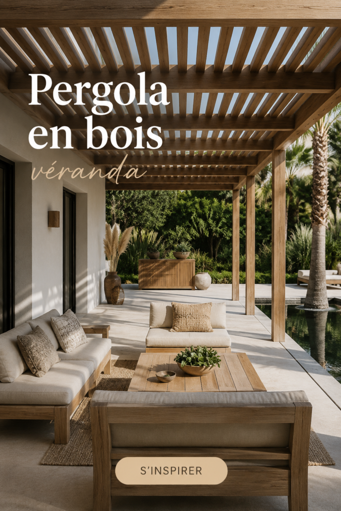 Véranda en bois moderne avec des plantes et des meubles confortables