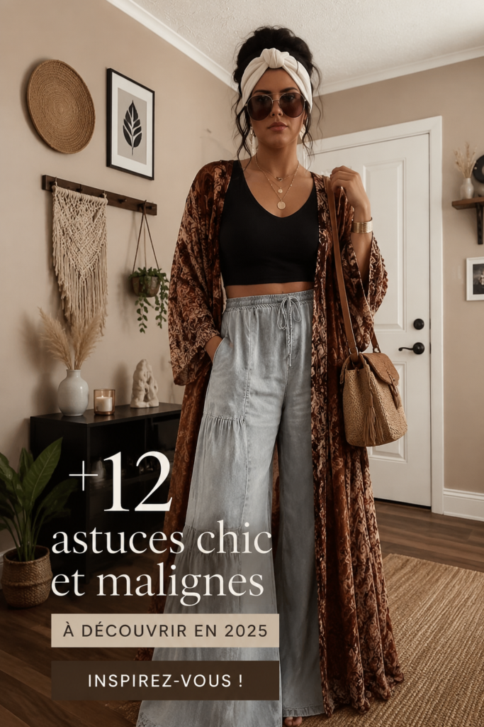 Un collage présentant des astuces chic pour 2025, incluant mode, déco et bien-être