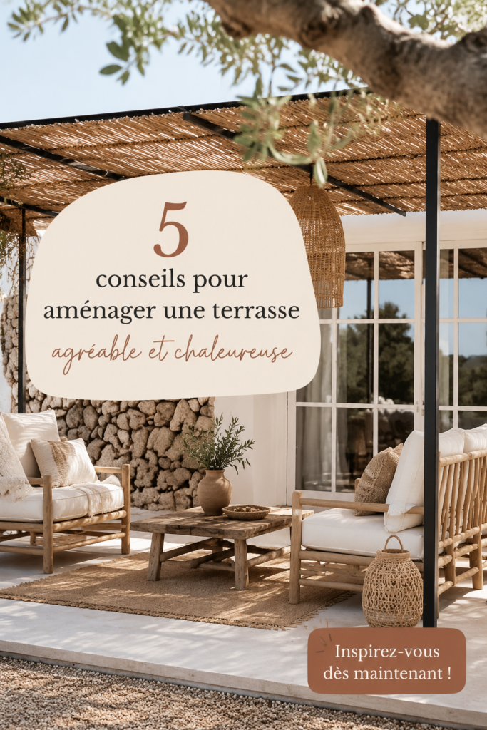 Terrasse aménagée avec des meubles confortables et des éléments de décoration