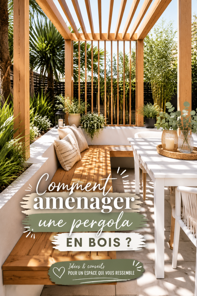 Aménagement d'une pergola en bois avec des meubles et des plantes