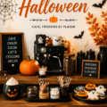 Bar à café décoré pour Halloween avec des boissons thématiques et des décorations festives.