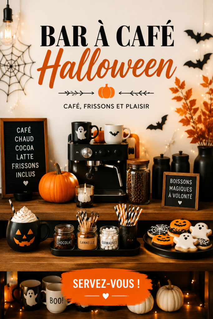 Bar à café décoré pour Halloween avec des boissons thématiques et des décorations festives.