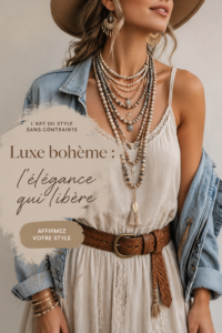 Un modèle portant une tenue boho luxe, alliant élégance et style décontracté.