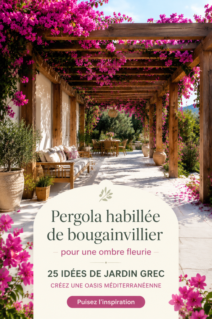 Bougainvillier en fleur sur une pergola, créant une ambiance méditerranéenne