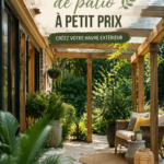 Une terrasse joliment couverte avec des matériaux DIY économiques, créant une ambiance chaleureuse.