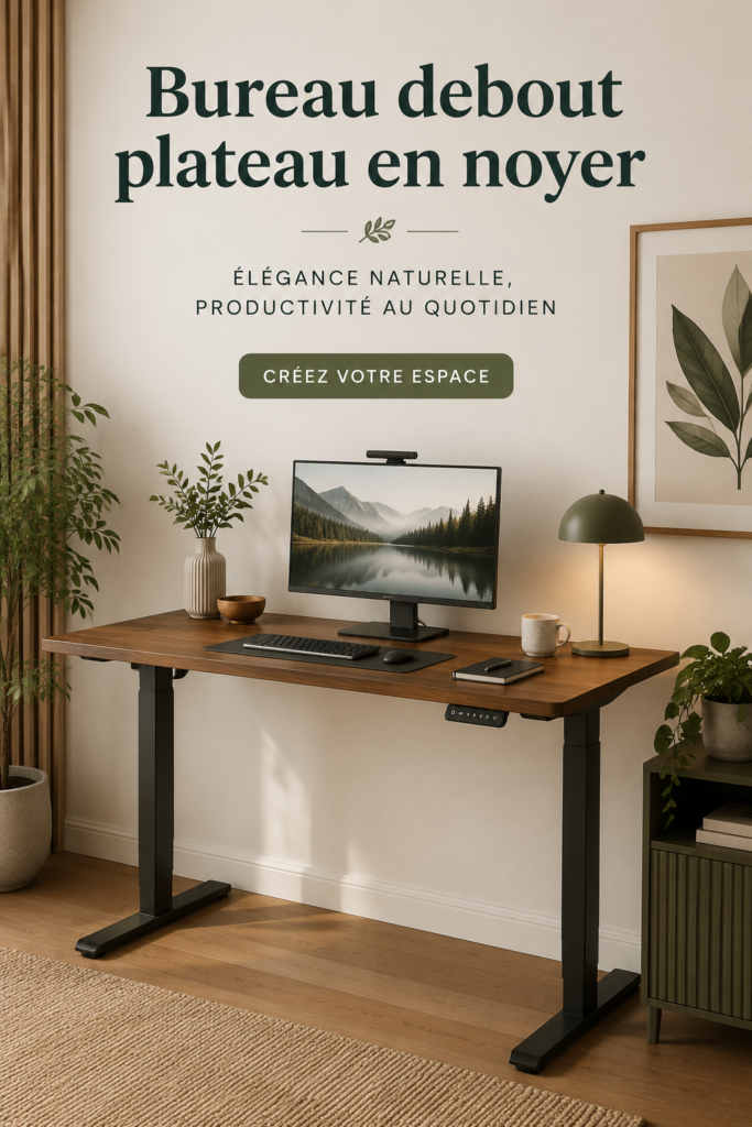 Bureau élégant avec plateau en noyer, plante verte et accessoires de décoration