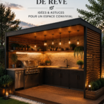 Cuisine d'extérieur aménagée avec un barbecue et un espace de repas convivial