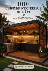 Cuisine d'extérieur aménagée avec un barbecue et un espace de repas convivial