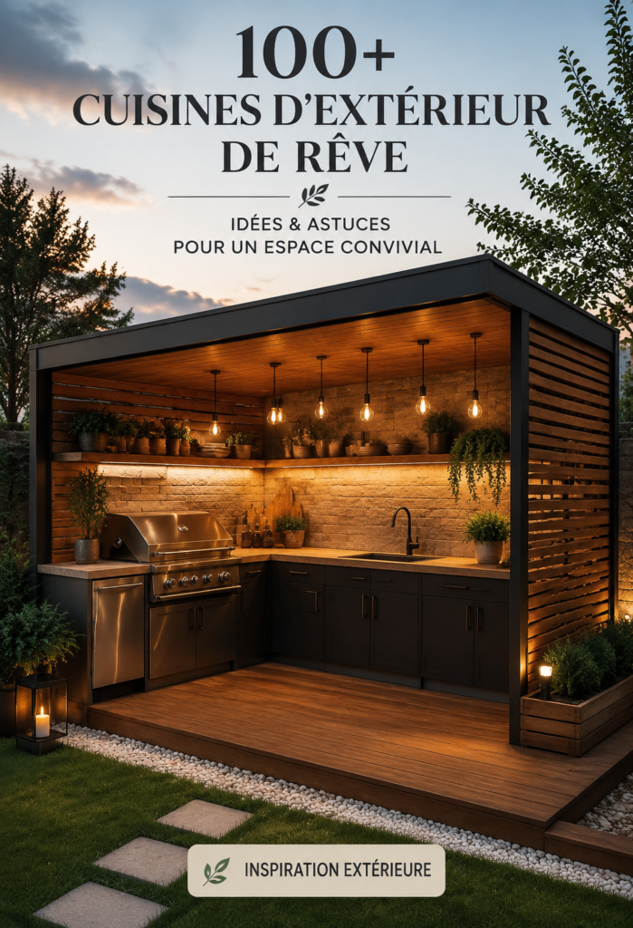 Cuisine d'extérieur aménagée avec un barbecue et un espace de repas convivial