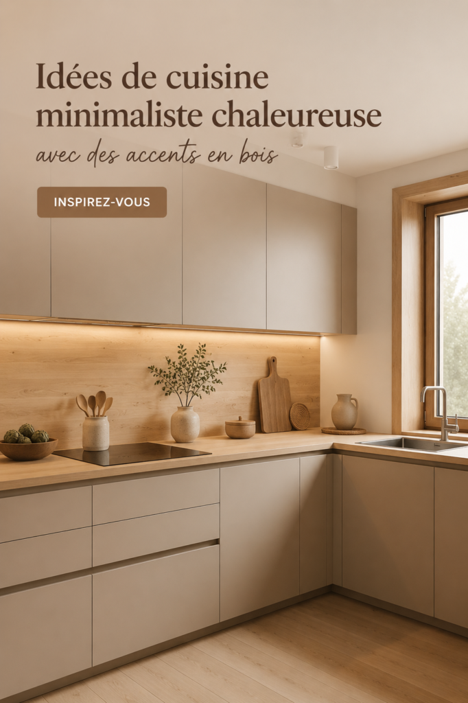 Cuisine minimaliste chaleureuse avec des meubles en bois moderne.