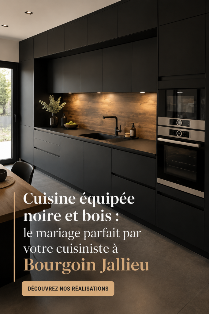 Cuisine moderne et chaleureuse avec des éléments en noir et bois
