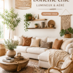 Salon boho chic lumineux avec des couleurs neutres et des textures naturelles.