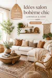 Salon boho chic lumineux avec des couleurs neutres et des textures naturelles.