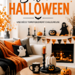 Un salon joliment décoré pour Halloween avec des éléments chaleureux et accueillants.